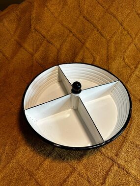 Farmhouse White and Black Sectioned Round Four Compartment Rotating Tray.